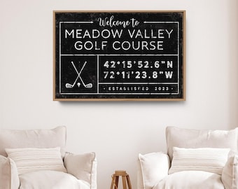 Rustic Family Name Sign: Custom Coordinates, Golf Wall Art
