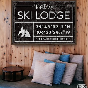 Ski Lodge Wall Art, Rustic Canvas (Personalized Family Name & Coordinates) image 1