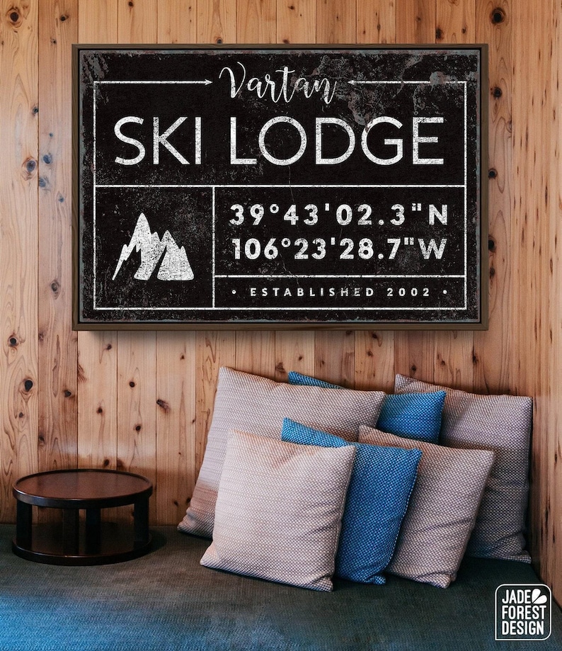 Ski Lodge Wall Art, Rustic Canvas (Personalized Family Name & Coordinates) image 1