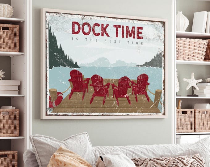 Personalized Lake House Sign - Vintage Dock Time, Maroon Adirondack Chair