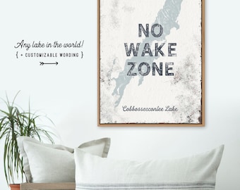 No Wake Zone Canvas Sign: Custom Lake Art, Distressed Gray