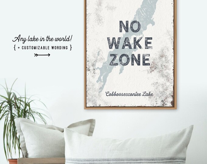 No Wake Zone Canvas Sign: Custom Lake Art, Distressed Gray