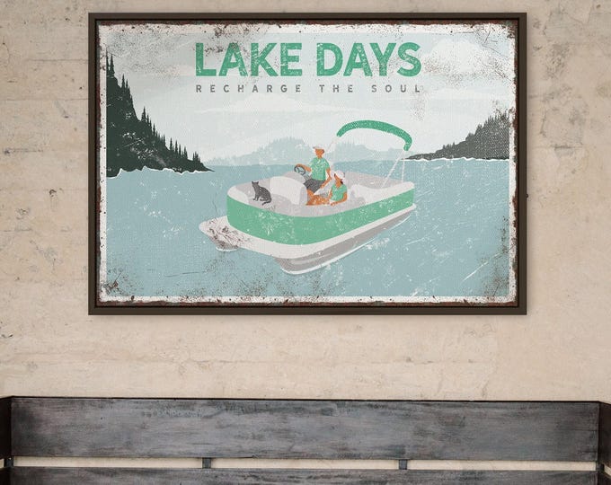 Vintage Lake Wall Decor: Couple on Pontoon Boat (Personalized Print)