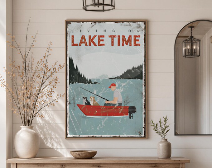 Lakeside Sign, Red Boat Fishing Scene With Two Dogs, Custom Family Lake Gift, Navy Accents