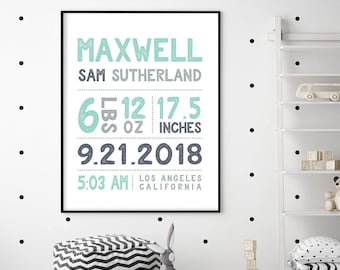 Custom Baby Birth Stats Sign: Mint and Gray Nursery Art