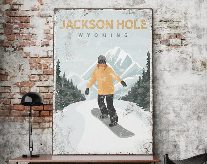vintage snowboard poster > custom canvas print, gift for female snowboarder, retro mountain house decor wall art (Jackson Hole, WY) {vpw}