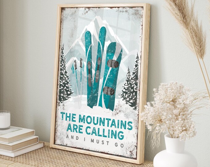 Ski Mountain Art, Mountain Wall Art, Ski Lodge Decor, Custom Vintage Snowboard Poster, Teal Ski House Decor, Winter Cabin Gift {vps}