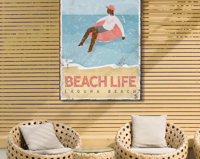 Custom Beach Sign with Float Scene, Personalized Town Name and Skin Color, Vintage Coastal Wall Art