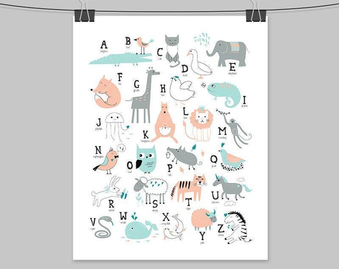 Animal Alphabet Wall Art: Teal and Peach Nursery Print