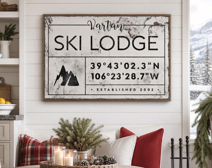Ski Lodge Sign Personalized With Your Family Name, Off White and Charcoal Wall Art