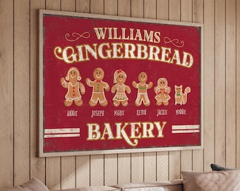 Personalized Gingerbread Family Sign, Unique Christmas Gift Idea, Family Members as Gingerbread Cookies, Large Christmas Wall Art, Seasonal
