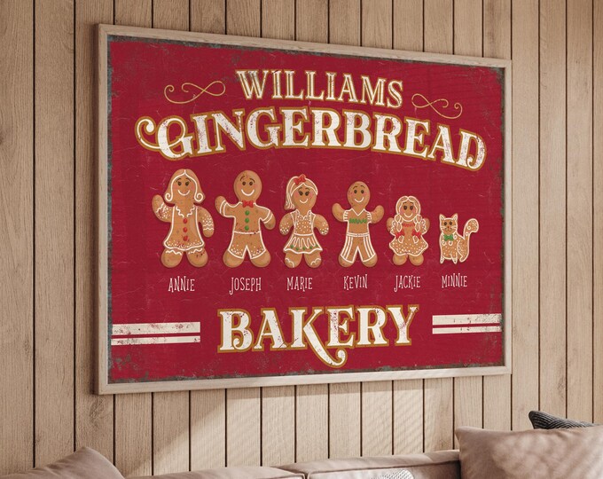 Personalized Gingerbread Family Sign, Unique Christmas Gift Idea, Family Members as Gingerbread Cookies, Large Christmas Wall Art, Seasonal