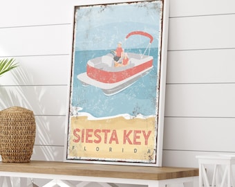 Boat Beach Sign for Siesta Key, Personalized Coral Pontoon Wall Art, Couples Florida Gift