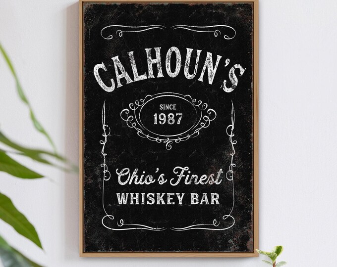aged WHISKEY LABEL sign > vintage print for whiskey bar decor, large framed bar sign, custom farmhouse gift for him