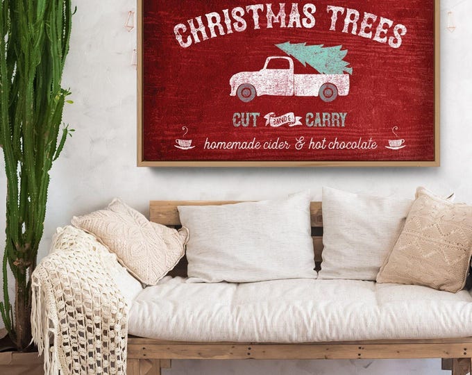 Christmas Tree Sign, White Vintage Pickup Hauling a Mint Pine on Deep Red, Holiday Mantle Art