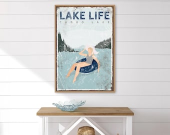 navy LAKE LIFE sign > personalized nautical blue lake house decor, lake tubing poster, sunbathing print for farmhouse (Caddo Lake) {VPL}