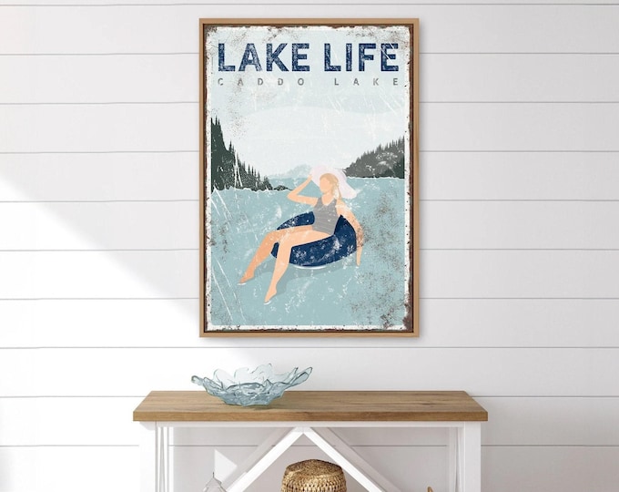navy LAKE LIFE sign > personalized nautical blue lake house decor, lake tubing poster, sunbathing print for farmhouse (Caddo Lake) {VPL}