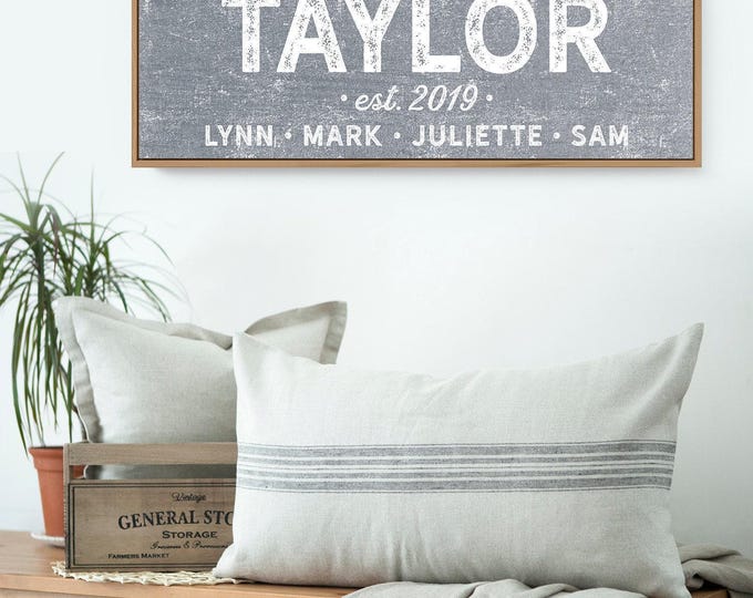 gray canvas LAST NAME sign, distressed farmhouse print, custom name & year established + kids names, shabby chic boho wall art print {s}