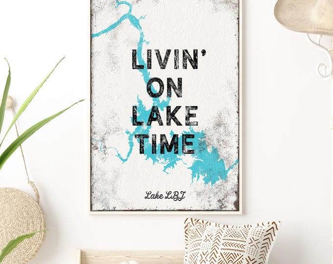 Vintage Wall Art, Coastal Decor Gift, Personalized Gift, Distressed Lakehouse Sign, Aqua Blue Farmhouse Print, Large Lake LBJ Poster {lsw}