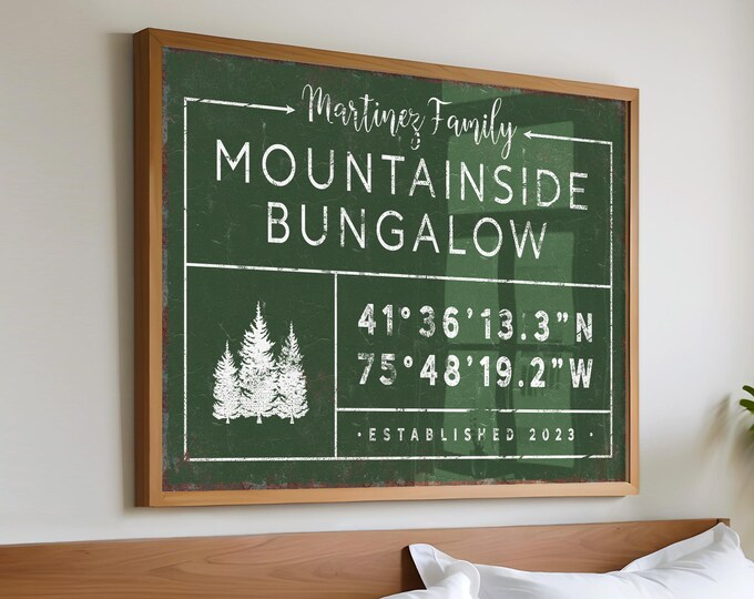 Personalized Mountain Lodge Sign - Family Name and GPS Coordinates