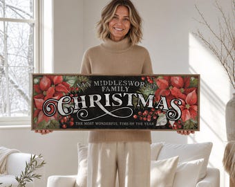 Christmas Floral Custom Family Name Black Red and Green Poinsettia Holiday Sign