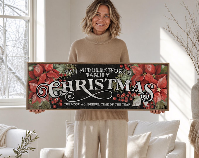 Poinsettia Art, Personalized Family Christmas Name Sign on Black with Red Holly Berries Decor