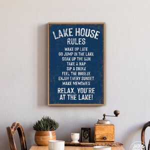 vintage &quot;lake house rules&quot; sign &gt; navy blue sign art print, custom lakehouse decor, distressed lake house gift, vacation rental decor