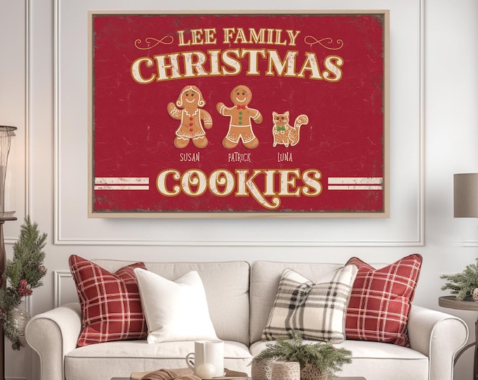 Personalized Family Name Sign, Unique Christmas Gift Idea, Gingerbread Family with Cat, Christmas Gift for Mom, Gingerbread Cookies, Festive