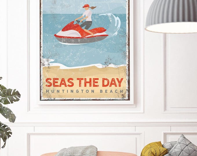 Vintage Beach Jetski Poster - Personalized Rustic Surf Decor