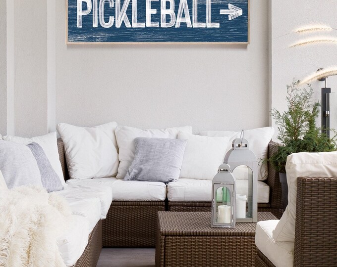 Navy Pickleball Sign - Rustic Arrow with Personalized Text