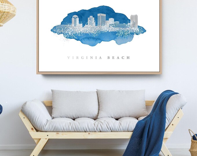 Skyline Wall Decor: Virginia Beach in Blue Watercolor (Custom Framed Canvas)