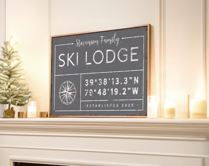 Personalized Ski Lodge Sign - Slate Gray Compass with Custom Coordinates