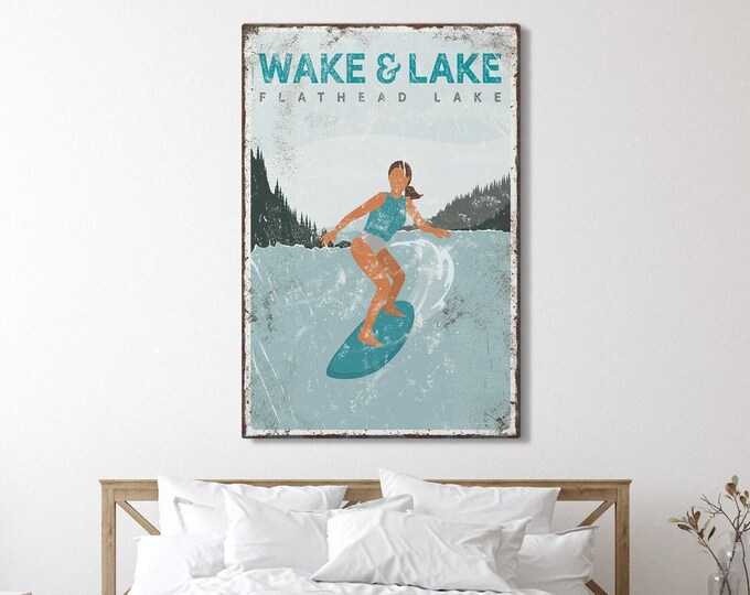 Custom Wakesurf Art, Teal Board Print For Your Lake With Your Own Wake And Lake Line