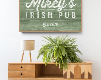 Rustic Irish Pub Sign - Personalized Green Bar Name Canvas