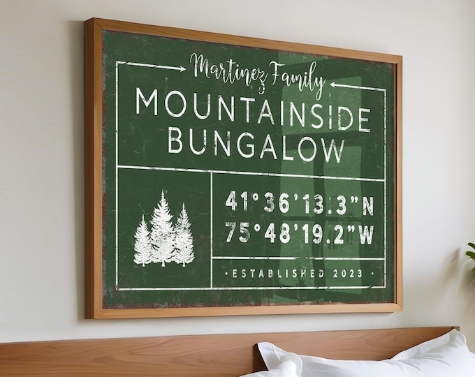 Pine tree arrow sign, custom family name, coordinates and the year established