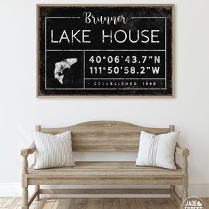 personalized lake house sign, rustic last name canvas for lakehouse, custom GPS location coordinates, black boho farmhouse wall art GDB image 10