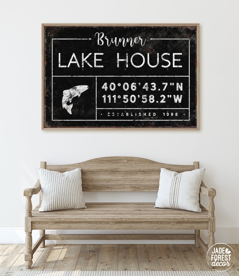 personalized lake house sign, rustic last name canvas for lakehouse, custom GPS location coordinates, black boho farmhouse wall art GDB image 10