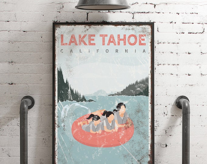 coral LAKE TAHOE sign, personalized family tubing poster, vintage lake house decor, family of 3, kids tubing lake sign, lake life sign {vpl}