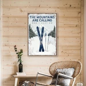The Mountains are Calling Poster - Vintage Navy Blue Ski Canvas, Personalized Decor