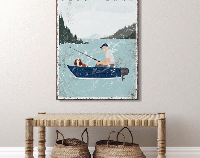 personalized boating sign • navy boat, fishing with with dog • cavalier king charles spaniel owner gift idea • Lake Tahoe decor {vpl}