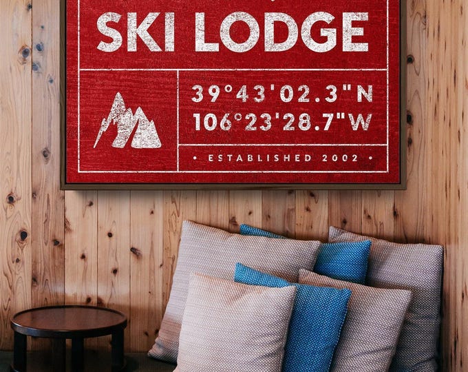 Rustic Ski Lodge Sign - Custom Family Name and Coordinates