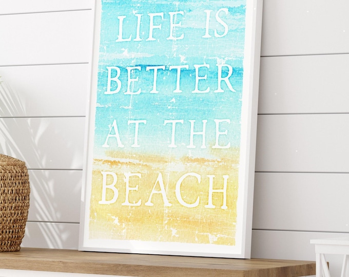 Vintage Beach Poster: Weathered Wood Sign, Turquoise Blue