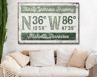 Custom Coordinates Sign: Vintage Green Brewery Canvas Art