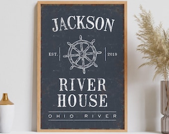Vintage River House Sign: Personalized Farmhouse Decor with Ship Wheel