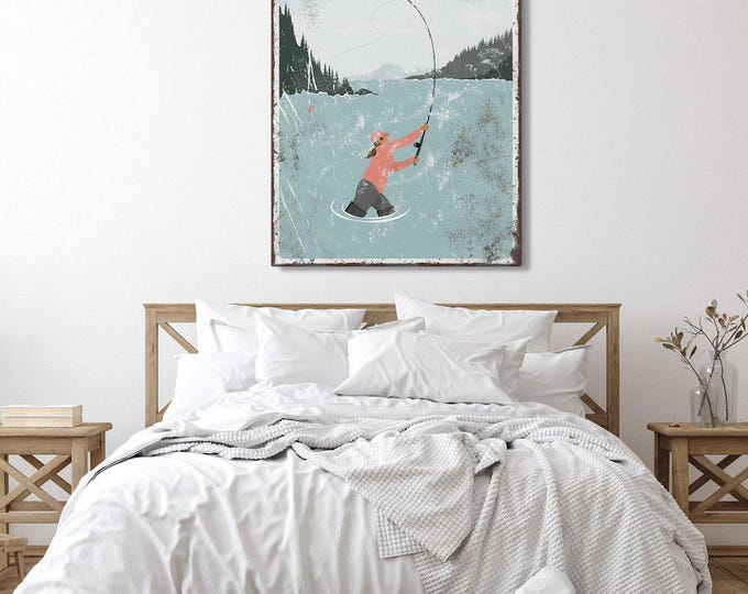 Lake House Decor, Vintage Fishing Art, Gift For Boyfriend, Fly Fishing Poster, Logan River Coral Print, Cabin Wall Decoration {vpl}