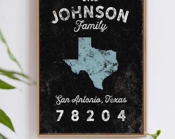 Custom light blue sign with Texas silhouette, personalized family name print