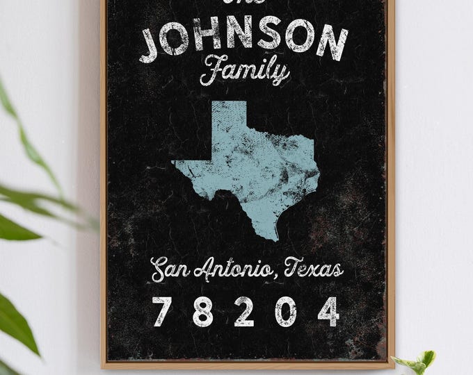 Custom light blue sign with Texas silhouette, personalized family name print