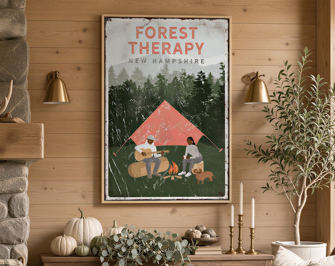 Vintage Camping Poster - Personalized Couple and Dog Cabin Decor