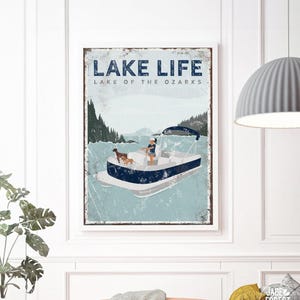personalized pontoon boat sign • LAKE LIFE Lake of the Ozarks print with dogs, dachshund, boxer • navy blue lake house decor gift {vpl}
