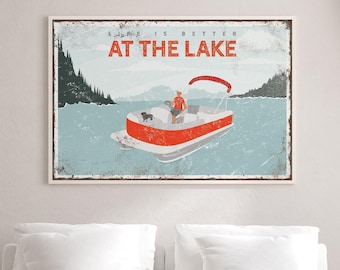 Rustic Lake House Sign - Man with Dog, Pontoon Boat Art
